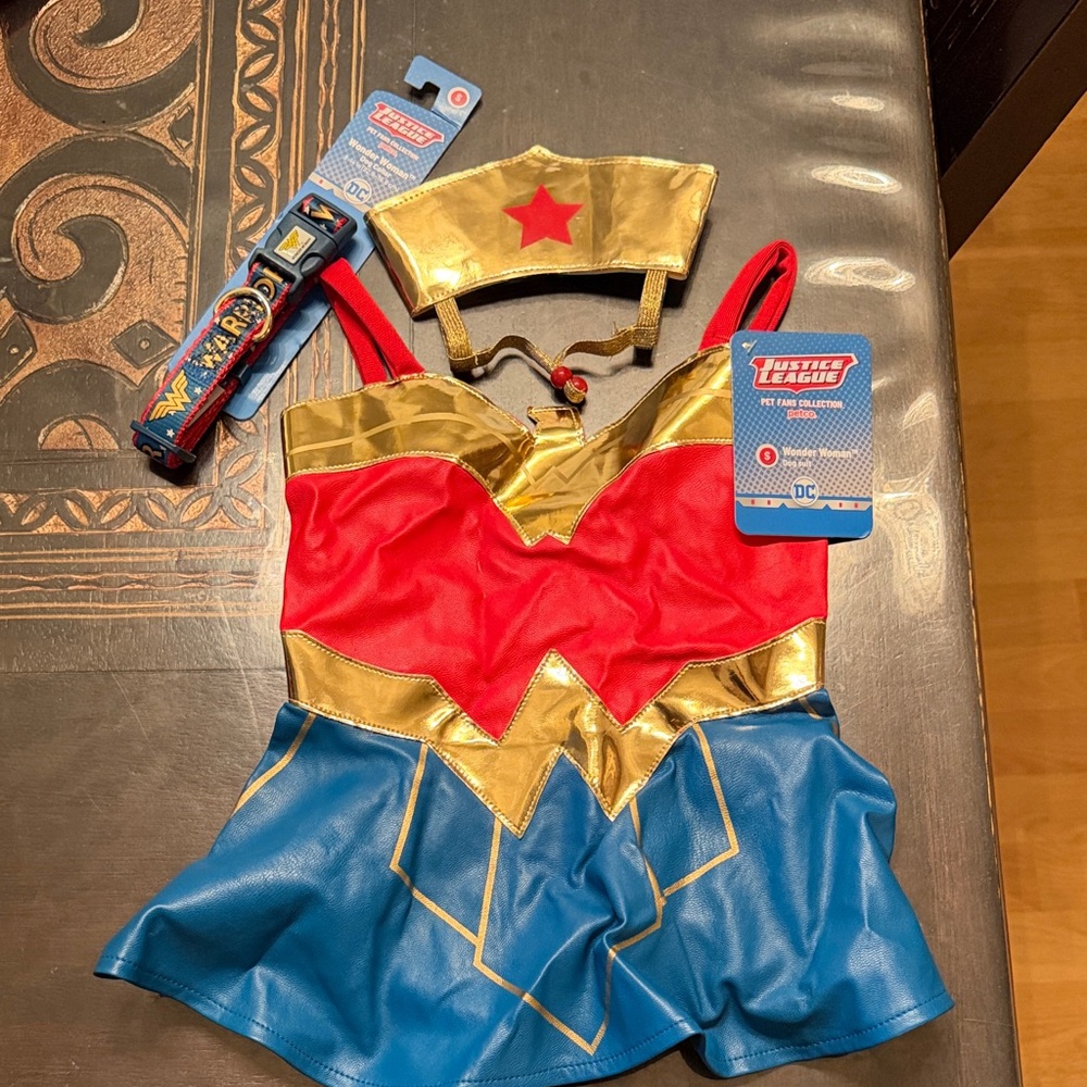 DC Wonder Woman Dog Costume - Red, Blue, Gold & matching collar